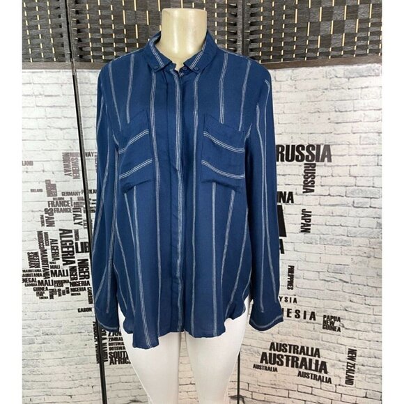 Simply Styled L Navy Vertical Striped Button Down Collar Long Sleeve Shirt - Picture 1 of 5